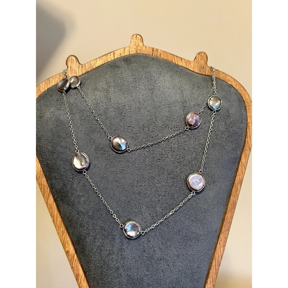 Sterling Silver Iridescent Peacock Coin Pearl Station Necklace 35